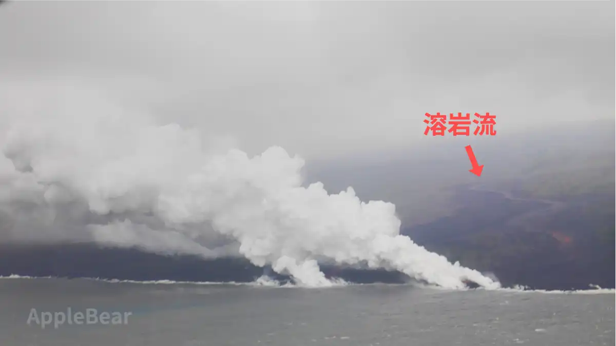 陸地からの溶岩流と、海に注ぎ込む溶岩（オーシャンエントリー）