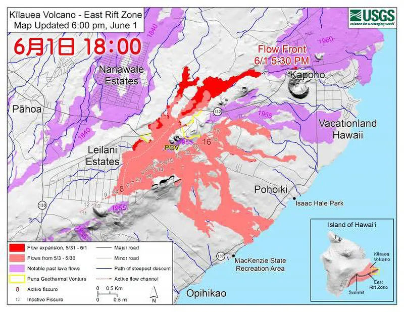 キラウエア火山の東断層（溶岩流のマップ）6月1日 18:00